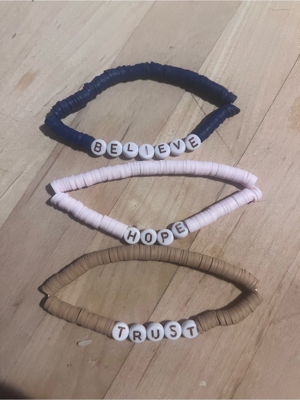 Hope, Trust, Believe Inspirational Beaded Bracelet Set - Navy, Pink, Tan